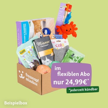Eine bunte Haustier-Abonnementbox mit Katzenleckerlis, Spielzeugen und Cremes, zum Preis von 24,99€, mit einem Hinweis auf flexible Stornierung.