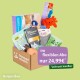 Eine bunte Haustier-Abonnementbox mit Katzenleckerlis, Spielzeugen und Cremes, zum Preis von 24,99€, mit einem Hinweis auf flexible Stornierung.