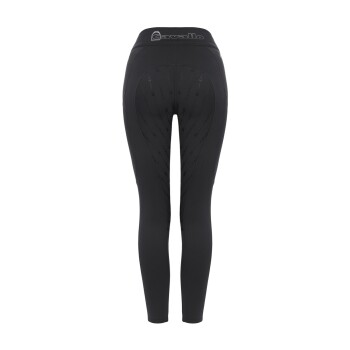 Schwarze Reitleggings mit hohem Bund, die ein dezentes Cavallo-Logo und ein gemustertes Grip-Detailing am Gesäß aufweisen.