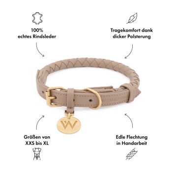 Geflochtenes beiges Leder-Hundehalsband mit goldener Schnalle und Anhänger, mit Text über Material, Komfort, Größen und Handwerkskunst.