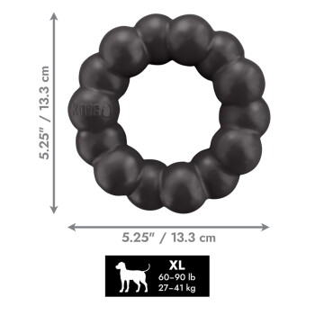Czarna koralikowa zabawka KONG w kształcie pierścienia dla psa, 5,25\"/13,3 cm, z wytłoczonym napisem KONG; etykieta pokazuje „XL 60–90 lb 27–41 kg” z sylwetką psa