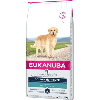Eukanuba rassespezifisches Trockenfutter für Golden Retriever, 12 kg Beutel, mit einem Golden Retriever auf der Vorderseite und ernährungsbezogenen Angaben.