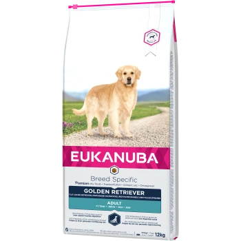 Eukanuba rassespezifisches Trockenfutter für Golden Retriever, 12 kg Beutel, mit einem Golden Retriever auf der Vorderseite und ernährungsbezogenen Angaben.