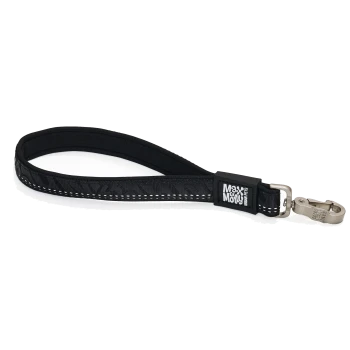 Schwarze Handgelenkschlaufe für Leine mit weißer Naht, Metallkarabiner mit Drehgelenk und 'Max & Molly'-Logoschild.