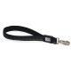 Schwarze Handgelenkschlaufe für Leine mit weißer Naht, Metallkarabiner mit Drehgelenk und 'Max & Molly'-Logoschild.