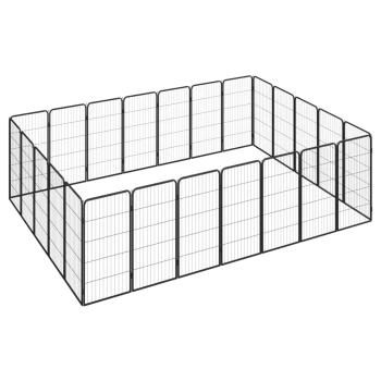 Schwarzer Metallspielbereich für Haustiere mit mehreren Paneelen, die in rechteckiger Form angeordnet sind, ideal, um Haustiere sicher einzusperren.