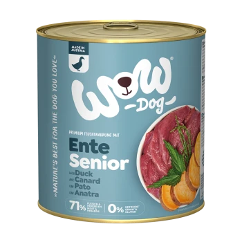 Dosen-Hundefutter mit der Aufschrift "WOW-Dog Ente Senior", das Ente enthält, mit 71% Fleisch und Innereien, 0% Getreide und Gluten, hergestellt in Österreich.
