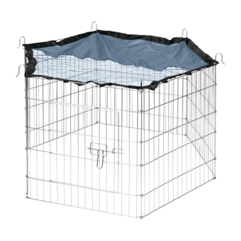 Metal pet playpen with a blue canopy top, featuring a secure latch door and open design for visibility and ventilation.