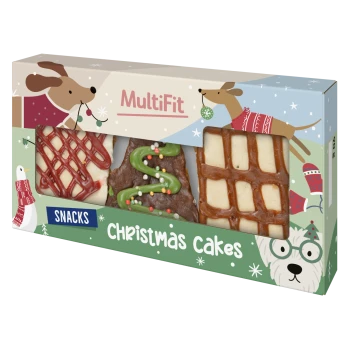 MultiFit Snacks 'Christmas Cakes' Box mit drei dekorierten weihnachtlichen Hundekuchen in festlicher Verpackung.