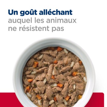 Bol de nourriture pour animaux présentant des morceaux de viande et des légumes, avec le texte 'Un goût alléchant auquel les animaux ne résistent pas.'