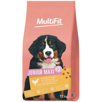 Sac de nourriture pour chiens MultiFit rose avec photo de chiot, étiqueté 'JUNIOR MAXI <2', 'avec volaille et riz' et '12 kg'.