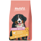 Pink MultiFit dog food bag with puppy photo, labeled "JUNIOR MAXI <2", "with poultry & rice" and "12 kg."