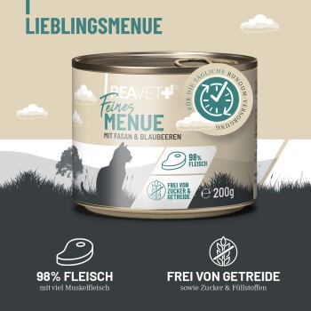 Dose Beavet Katzenfutter mit der Aufschrift „Feines Menue mit Fasan & Blaubeeren“, 98 % Fleisch, getreide- und zuckerfrei, 200 g.
