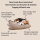 Hund auf einem beigen Hundebett, umgeben von Text, der Anzeichen für Gelenkprobleme beschreibt, wie langsames Aufstehen und weniger Aktivität.