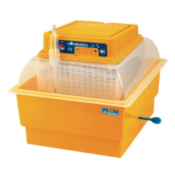Gelbes Inkubator mit transparentem Deckel und Steuerpanel, entworfen zum Ausbrüten von Eiern, mit einem Wasserreservoir und Belüftungssystem.