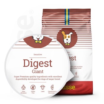 Hundefutterverpackung beschriftet mit "Digest Giant" für empfindliche Mägen, hypoallergen, glutenfreies Lamm und ausgezeichnete Verdaulichkeit.