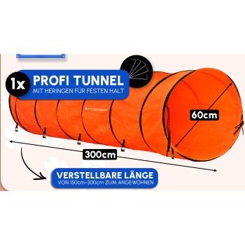 Profi-Tunnel für Haustiere, 300 cm lang und 60 cm breit, enthält Heringe für Stabilität, verstellbare Länge von 150 cm bis 300 cm.
