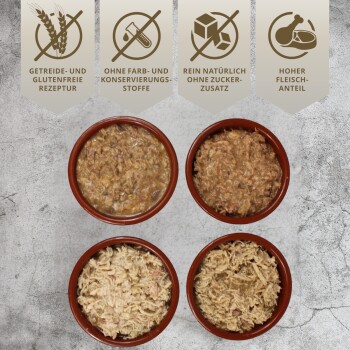 Premium-Haustierfutter in einer Edelstahlschüssel, mit zerrissenem Huhn und Ente, mit dem Text "Huhn mit Ente" darunter.