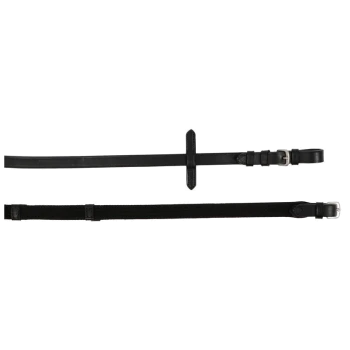 Schwarze Hundeleine mit einem Lederband und einem Stoffabschnitt, mit einer Metallschnalle und verstellbaren Befestigungen.
