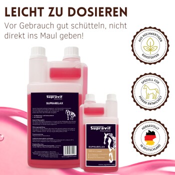 Pferd wird in einen Anhänger geführt, daneben eine Flasche Supravit Vitamin B12 Ergänzung für starke Nerven und Ruhe.