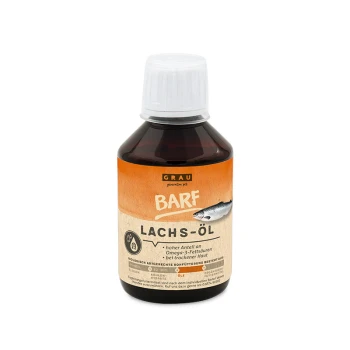 olej z łososia 200 ml Butelka Grau BARF Lachs-Öl (olej z łososia) z etykietą podkreślającą wysoką zawartość omega-3 dla suchej skóry u zwierząt.