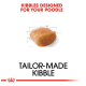 Kibble designed specifically for poodles, featuring a brown, square-shaped piece of kibble with a sketch outline, labeled "Tailor-Made Kibble."