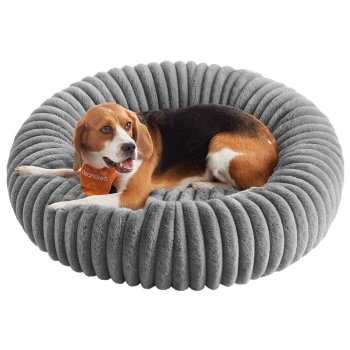 Beagle liegt auf einem runden, grauen, plüschigen Haustierbett mit gerippter Textur und hält ein orangefarbenes Spielzeug im Maul.