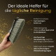 Hand hält eine graue Tierbürste mit Borsten; deutscher Text: "Der ideale Helfer für die tägliche Reinigung" und Aufzählungspunkte.
