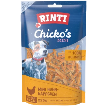 RINTI Chicko's Mini Tüte mit Hundeabbildung, Hühnerstreifen und Text „MIT 100% HUHNFILET“, „Mini Huhn-Häppchen“, 225 g