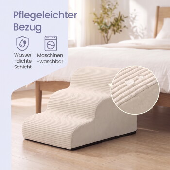 Beige Haustiertreppe mit Wassertropfen, Makro-Einblendung; sichtbarer Text: ‚Pflegeleichter Bezug‘, ‚Wasserdichte Schicht‘, ‚Maschinenwaschbar‘.