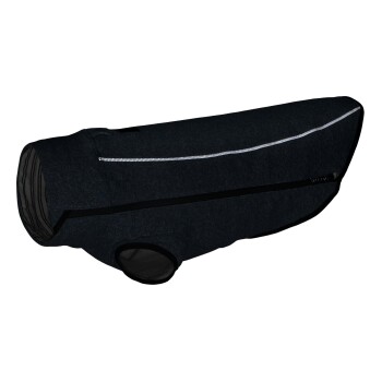 Ein dunkelgrauer Hundemantel mit einem reflektierenden Streifen, mit einer Reißverschlusstasche und einer engen Passform für Wärme und Komfort.