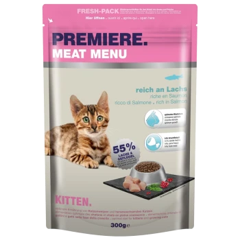 Eine Katzenfutterverpackung mit einem verspielten Kätzchen, beschriftet mit "Premiere Meat Menu", mit Text, der "reich an Lachs" und "55 % Lachs & Geflügel" hervorhebt.