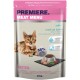 A cat food package featuring a playful kitten, labeled "Premiere Meat Menu," with text highlighting "rich in Salmon" and "55% Salmon & Poultry."