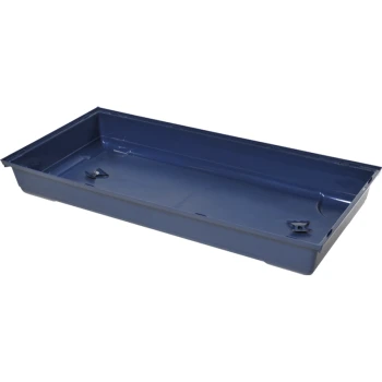 Blue plastic pet litter tray with raised edges, designed for easy cleaning and containment of litter.