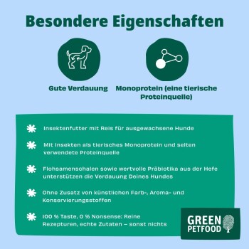 Green Petfood-Grafik: Überschrift 'Besondere Eigenschaften', Icons 'Gute Verdauung' und 'Monoprotein' sowie stichpunktartige Angaben.
