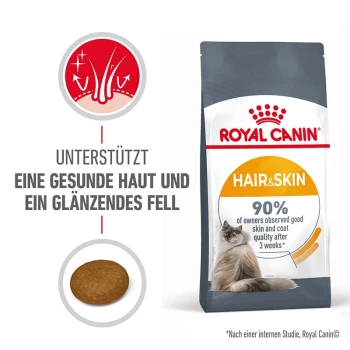 Hair & Skin Care 2 kg Royal Canin Hair & Skin Katzenfutterbeutel, mit einem Katzenbild, das behauptet, gesunde Haut und glänzendes Fell zu unterstützen, mit 90% Zufriedenheit der Besitzer.