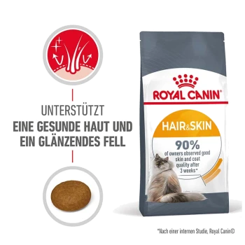 Royal Canin Hair & Skin Katzenfutterbeutel, mit einem Katzenbild, das behauptet, gesunde Haut und glänzendes Fell zu unterstützen, mit 90% Zufriedenheit der Besitzer.