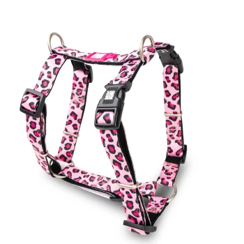 Pink-schwarz geflecktes verstellbares Hundegeschirr mit Metallringen und schwarzen Kunststoffschnallen, beschriftet mit „Pawtitas“.