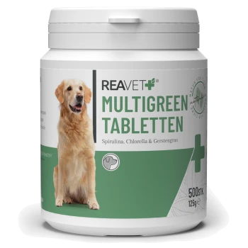 Behälter mit REAVET Multigreen Tabletten für Hunde, mit den Inhaltsstoffen Spirulina, Chlorella und Gerstengras, mit einem grünen und weißen Design.