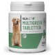 Behälter mit REAVET Multigreen Tabletten für Hunde, mit den Inhaltsstoffen Spirulina, Chlorella und Gerstengras, mit einem grünen und weißen Design.