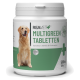 Behälter mit REAVET Multigreen Tabletten für Hunde, mit den Inhaltsstoffen Spirulina, Chlorella und Gerstengras, mit einem grünen und weißen Design.
