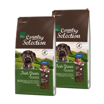 Deux sacs de nourriture pour chiens étiquetés "Country Selection Irish Green," avec un chien sur le devant, contenant des détails sur les ingrédients et la valeur nutritionnelle.