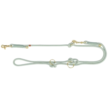 Hellgrüne Hundeleine mit goldenen Beschlägen, mit Knoten und Ringen für eine verstellbare Länge.