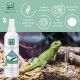 Eine grüne Eidechse sitzt auf einem Ast neben einer Sprühflasche mit der Aufschrift "MEN FOR SAN" zur Terrarienreinigung.