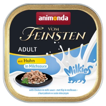 Vom Feinsten Adult Milkies 32x100g Huhn, in Milchsauce Verpackung für Nassfutter für Katzen mit "animonda vom Feinsten" für Erwachsene, mit Huhn in Milchsoße und einem blauen Katzenlogo mit der Aufschrift "Milkies."