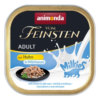Verpackung für Nassfutter für Katzen mit "animonda vom Feinsten" für Erwachsene, mit Huhn in Milchsoße und einem blauen Katzenlogo mit der Aufschrift "Milkies."