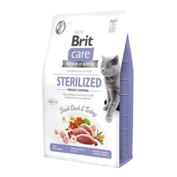 Beutel Brit Care Superpremium Katzenfutter für sterilisierten Katzen, mit frischem Enten- und Putenfleisch, beschriftet mit "Gewichtskontrolle" und "Hypoallergen".