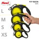 Image of Flexi retractable dog leashes in various sizes (L, M, S, XS) with a bright yellow and black design, labeled "NEW NEON TAPE."