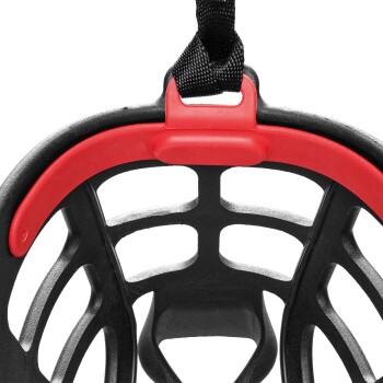 Nahaufnahme eines schwarzen und roten Maulkorbs für Haustiere mit robustem Design und verstellbarem Riemen, geeignet für Hundetraining und Sicherheit.