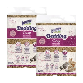 Dwie torby 'Bunny Bedding Cosy,' 20L naturalnego podłoża dla małych zwierząt, z fioletowym wzorem z królikami i świnkami morskimi.